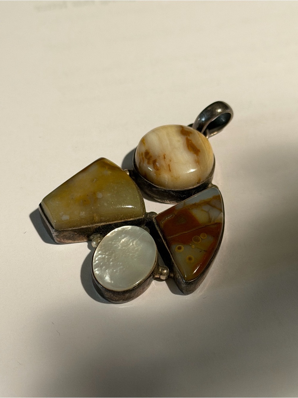 Natural Stone Multi-Gem Pendant in Cream, Olive & Brown 925 vintage